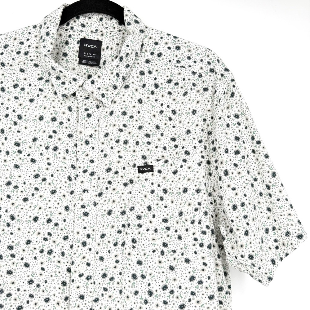 RVCA White Short Sleeve Button-Down Shirt with Black Floral Print